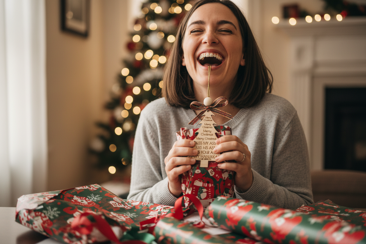 Woman laughing holding a gift, humorous text from the iconic National Lampoon's Christmas Vacation, on a Christmas tree. with a Christmas tree and fireplace in the background