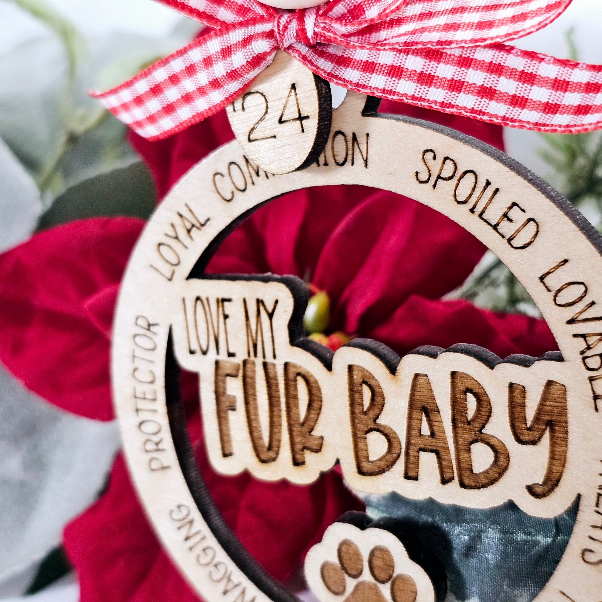 close up Pet lover Christmas ornament showing the grain and finish of this ornament, the perfect dog gift
