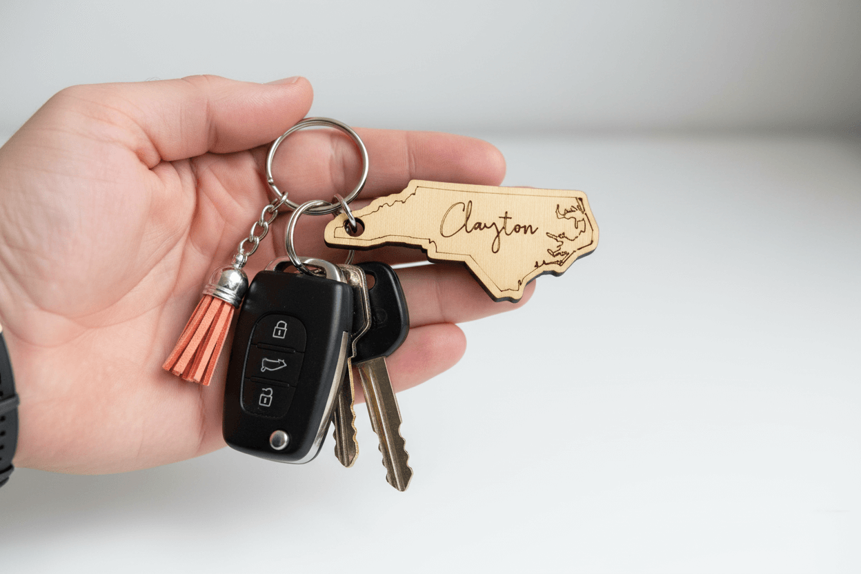 Hand holding keys with a personalized keychain on a light background