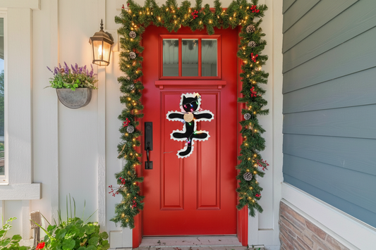 Red door with festive decorations including a black cat door hanger, garland, and lights. Inspiration from the National Lampoon's Christmas Vacation.