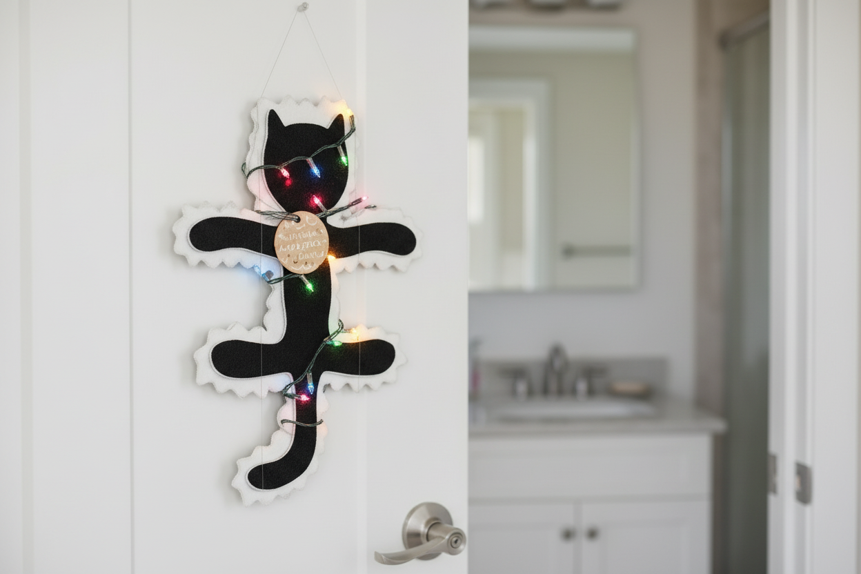 Decorative black cat figure with lights on a white door in a bathroom setting. Inspiration rom the National Lampoon's Christmas Vacation.