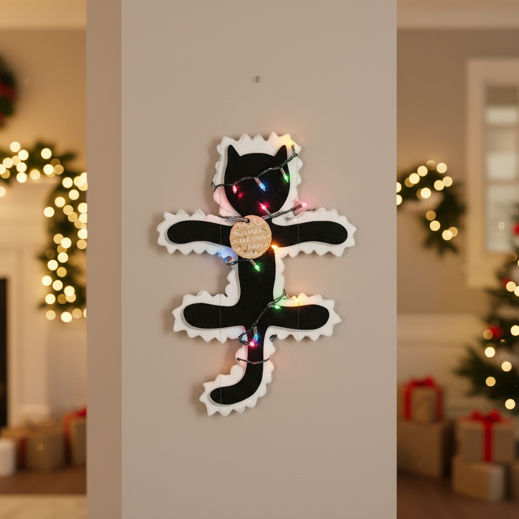 Decorative wall art of a fried black cat with lights in a festive room. inspiration from National Lampoons Christmas Vacation.