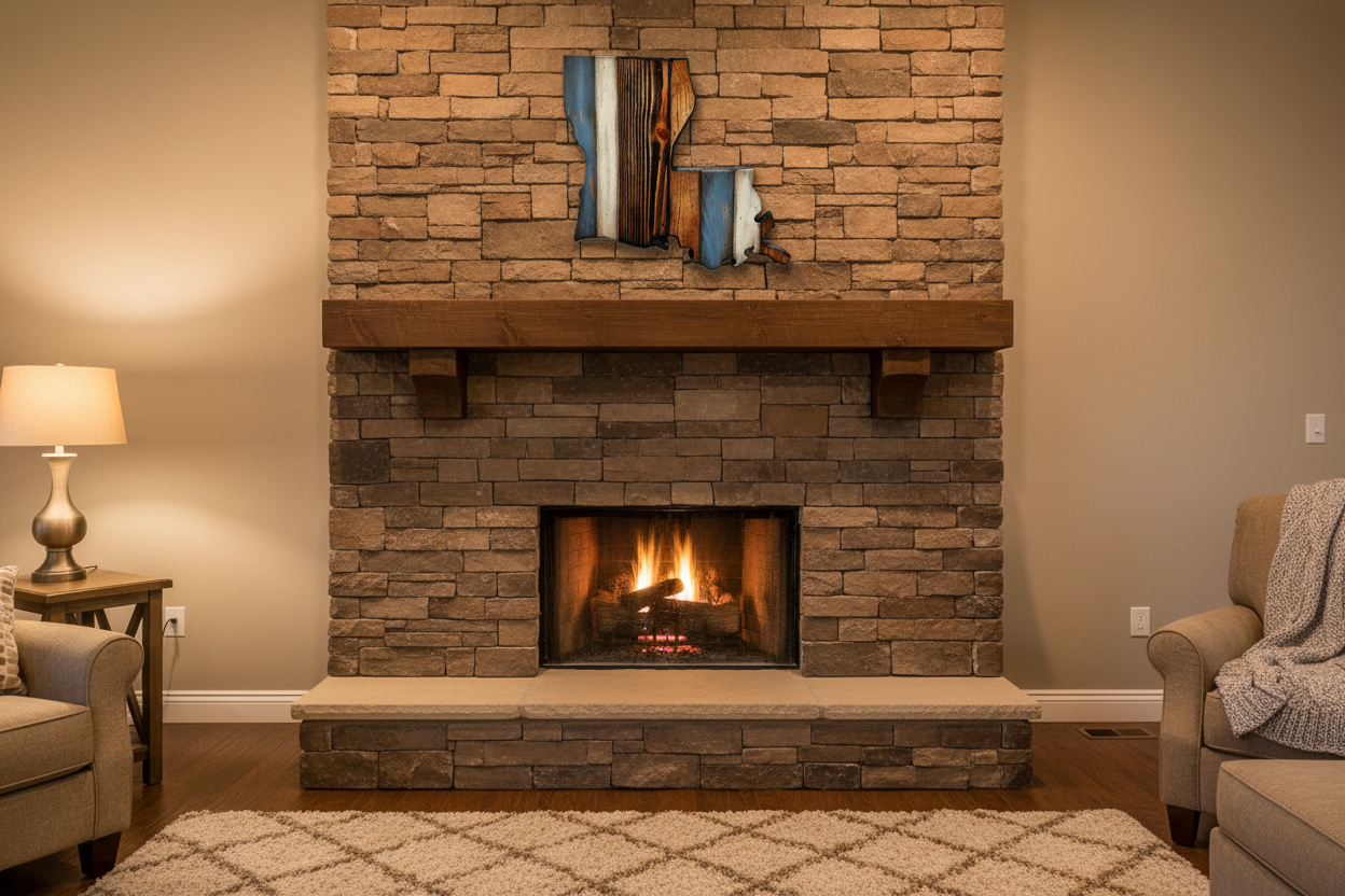 Living room with stone fireplace, handmade Louisiana wall art, sofa, and lamp.