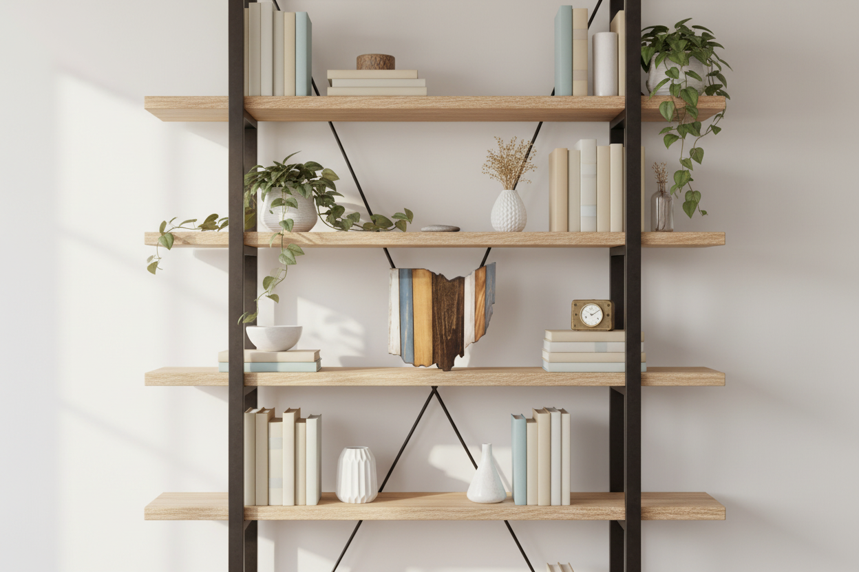 Wooden bookshelf with handmade Ohio art and books and decorative items against a white wall