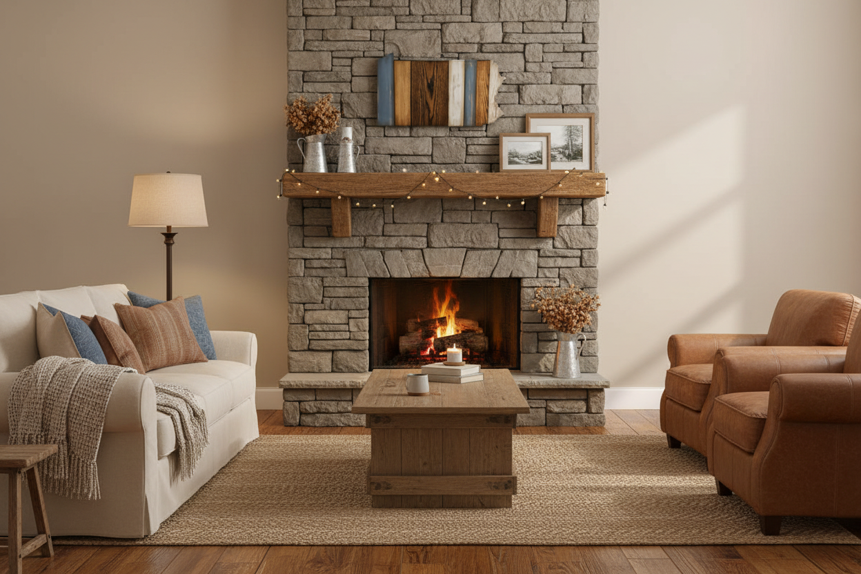 Cozy living room with stone fireplace with a handmade wood, Pennsyvania, comfortable furniture, and decorative elements.