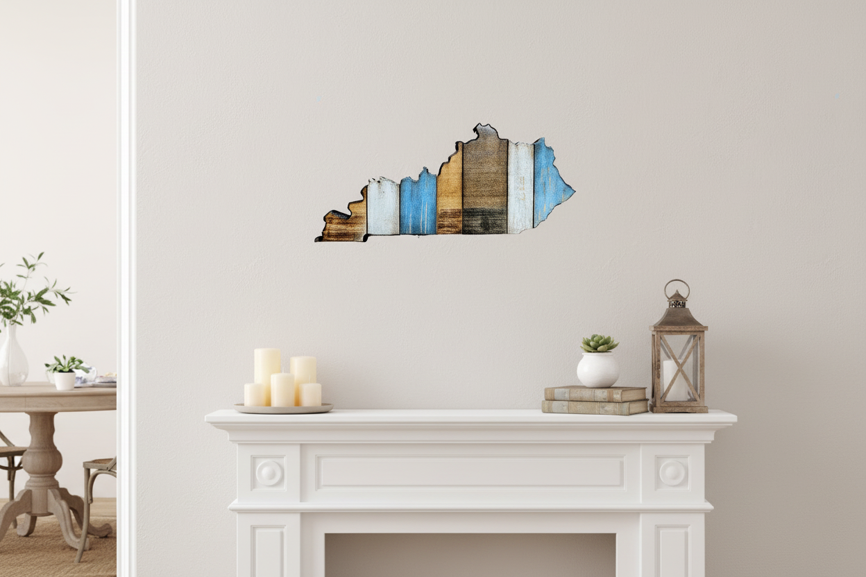 Kentucky wall art shape on a white wall above a fireplace.