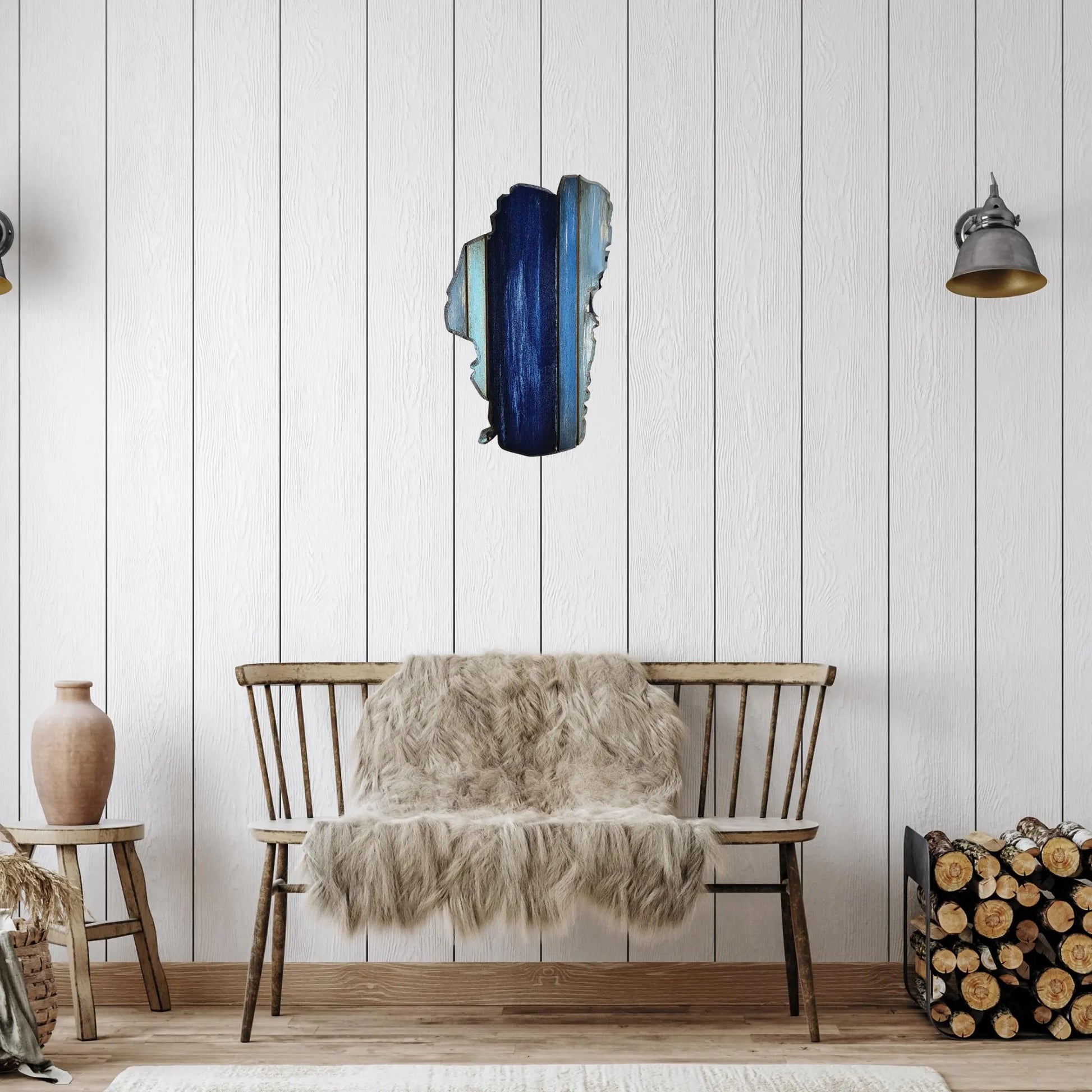 Rustic Lake Tahoe wood wall art, handmade wood wall decor, farmhouse style lake house or cabin, California Nevada gift idea. Rustic lake Tahoe wooden wall art, Nordic-style living room with wooden bench, fur throw, and blue wall art.