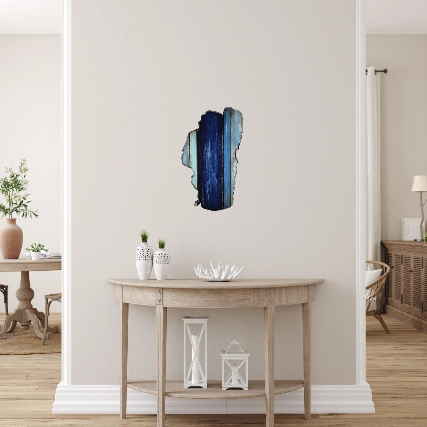 Lake Tahoe wood wall art handcrafted map decor on modern console table with decorative items