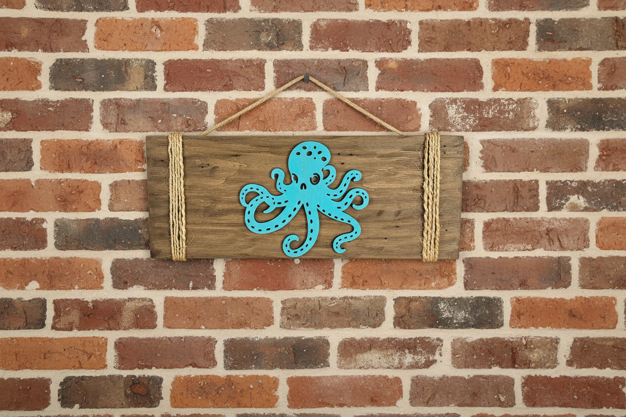 Octopus wood wall art handcrafted coastal decor hanging on brick wall