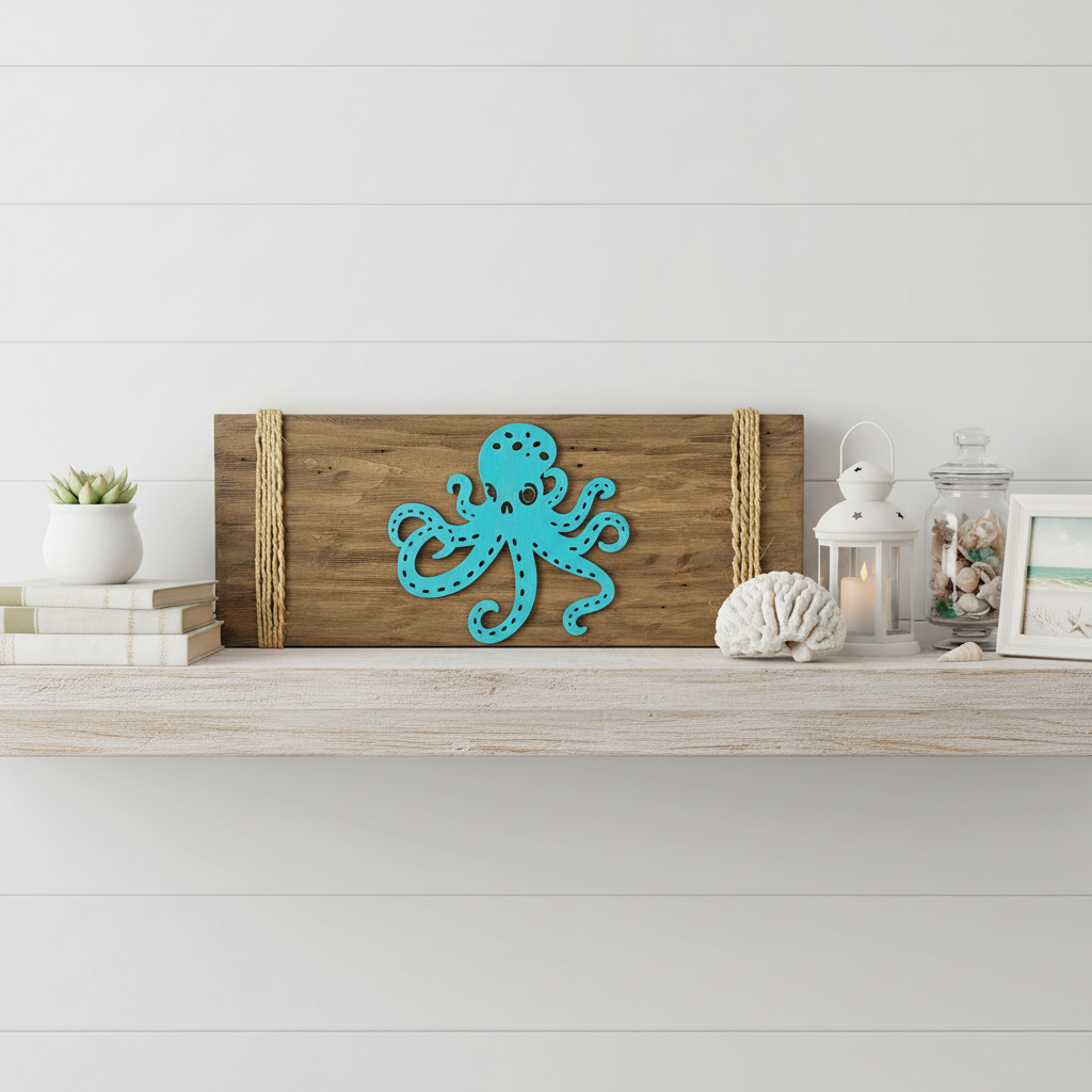 Rustic octopus wood wall art handcrafted ocean decor shelf sitter with coastal styling