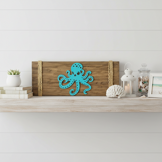 Rustic octopus wood wall art handcrafted ocean decor shelf sitter with coastal styling