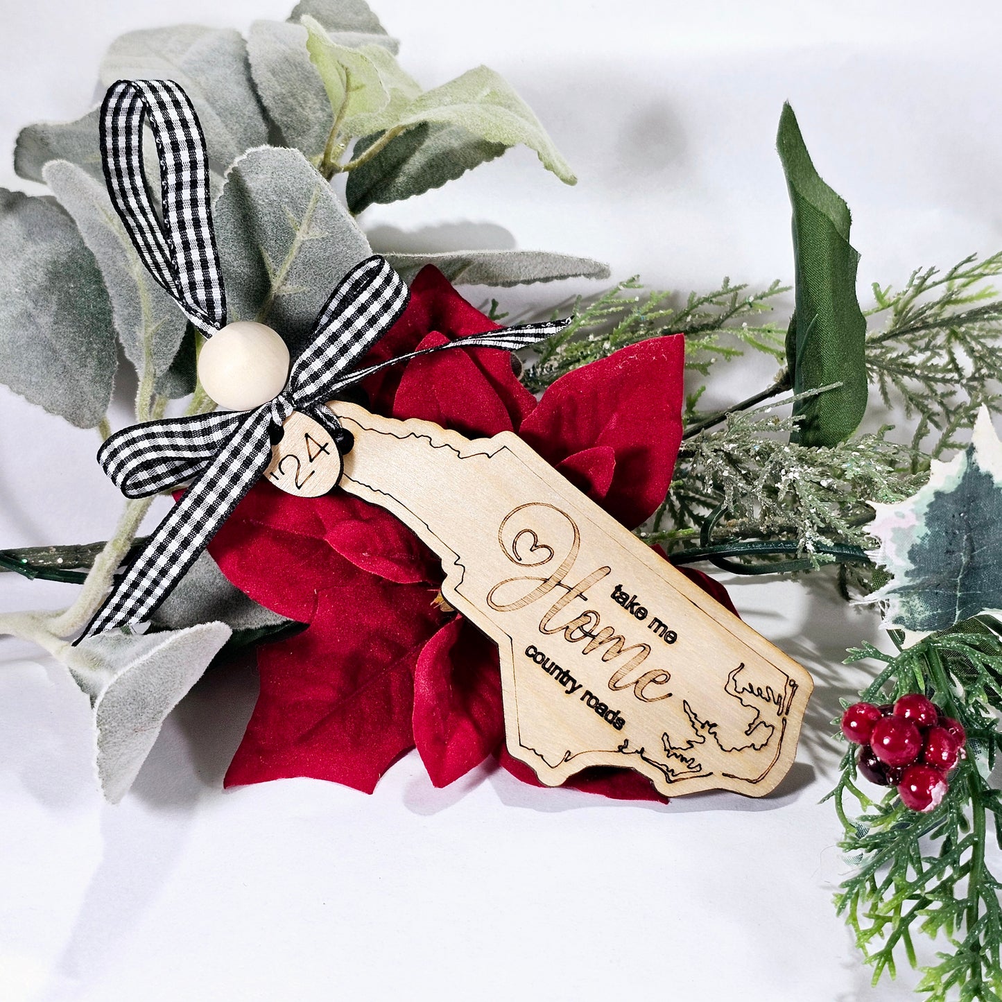 Simple & Sweet State ornaments with buffalo plaid ribbon - Home engraved on each state - a few has Take Me Home Country Roads