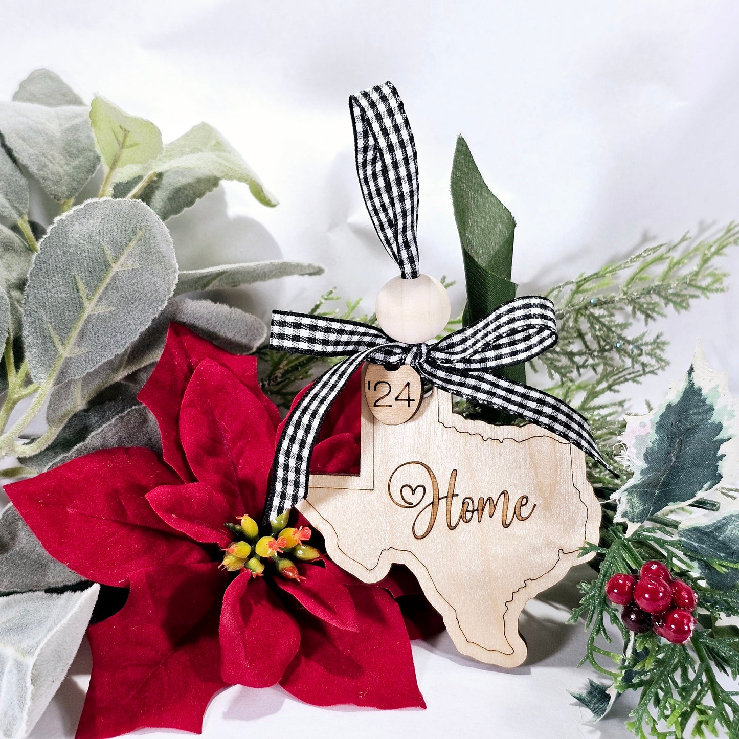 Simple & Sweet State ornaments with buffalo plaid ribbon - Home engraved on each state - a few has Take Me Home Country Roads