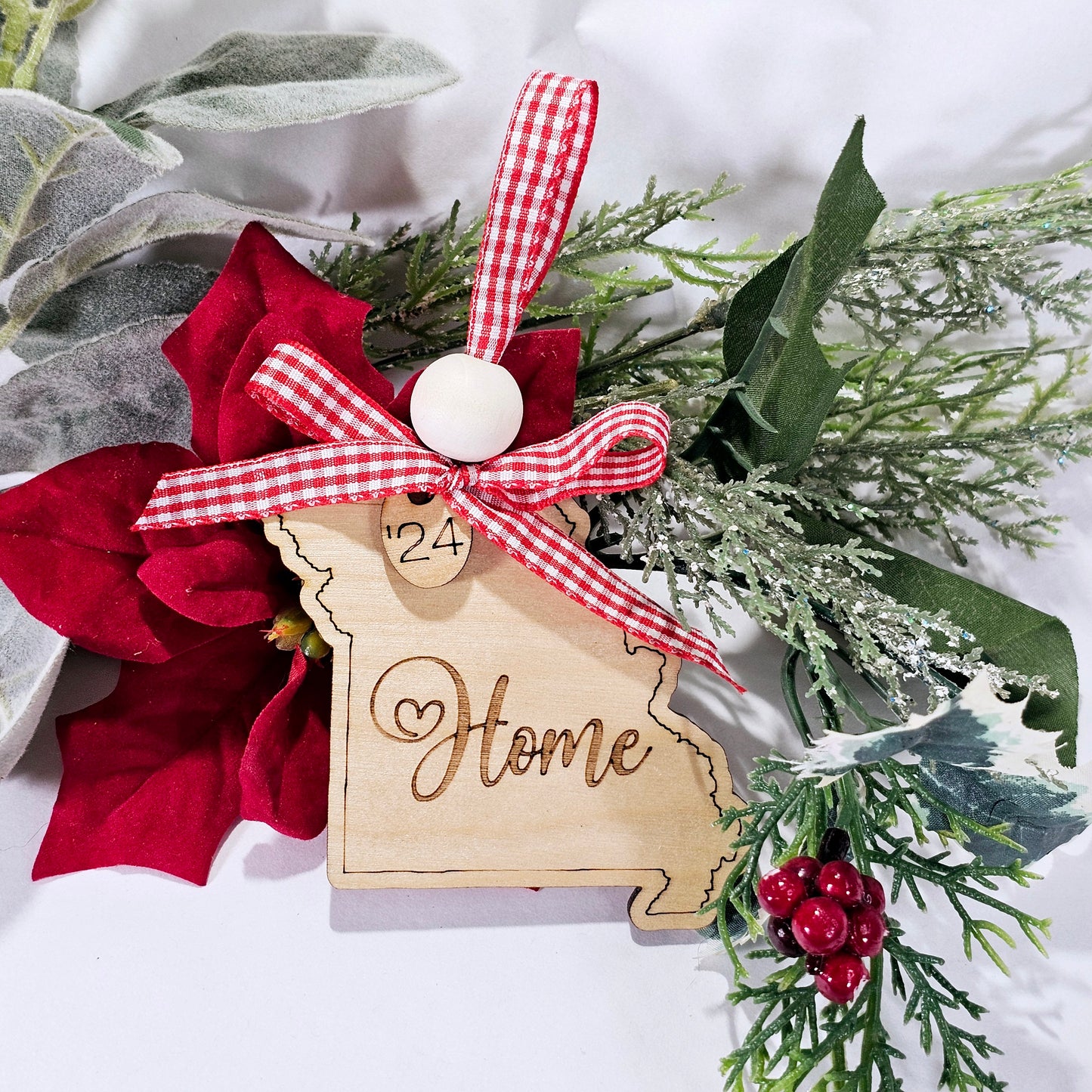 Simple & Sweet State ornaments with buffalo plaid ribbon - Home engraved on each state - a few has Take Me Home Country Roads