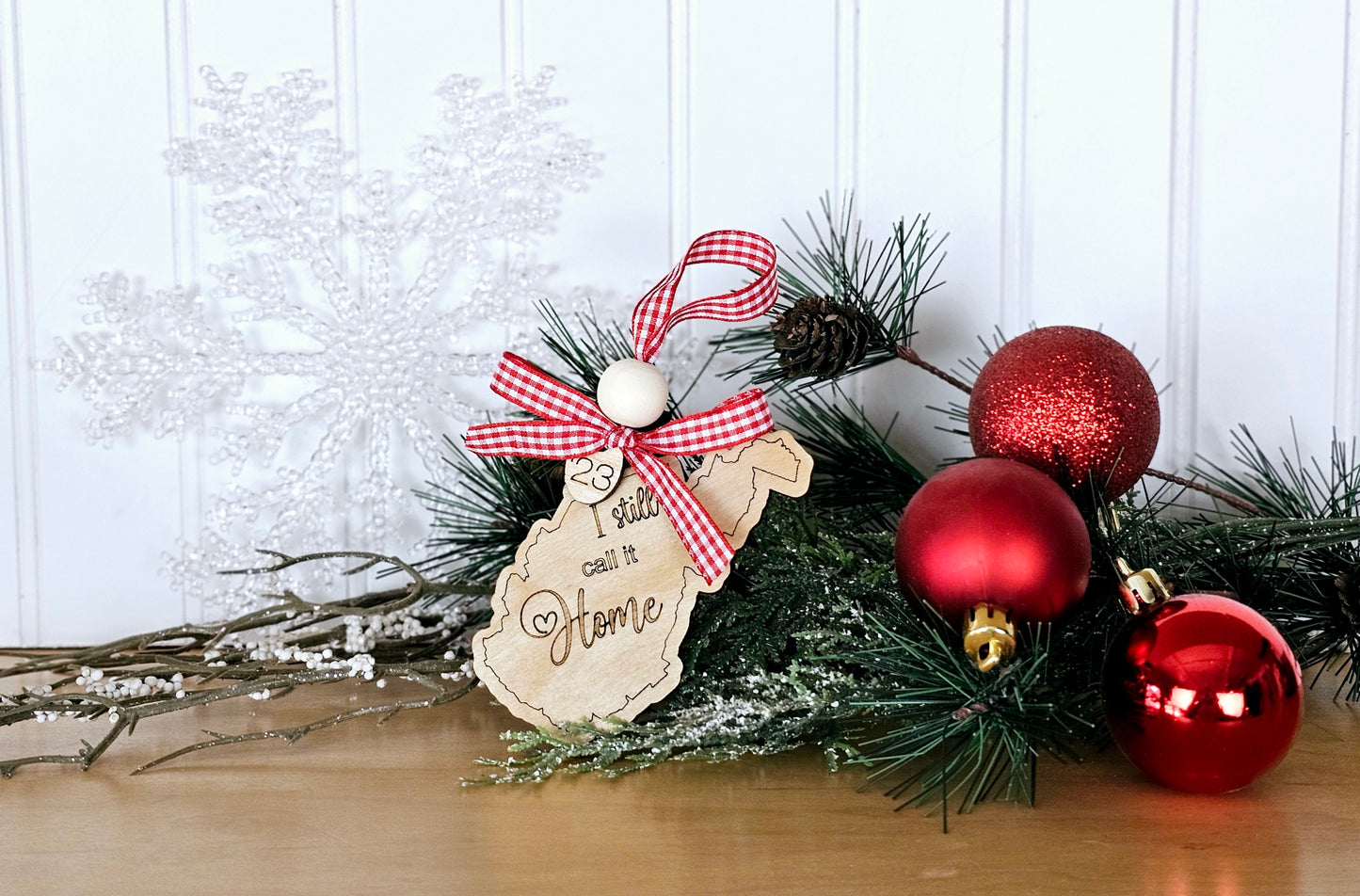 Simple & Sweet State ornaments with buffalo plaid ribbon - Home engraved on each state - a few has Take Me Home Country Roads