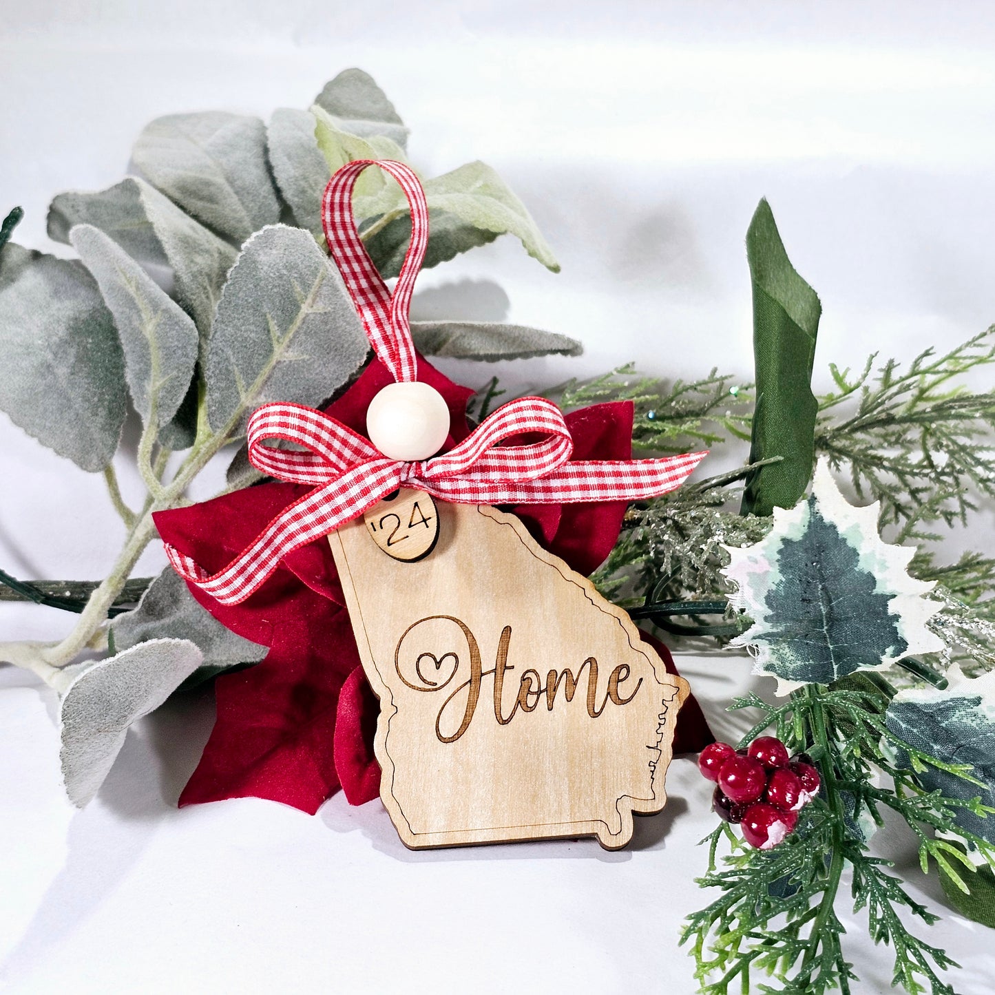 Simple & Sweet State ornaments with buffalo plaid ribbon - Home engraved on each state - a few has Take Me Home Country Roads