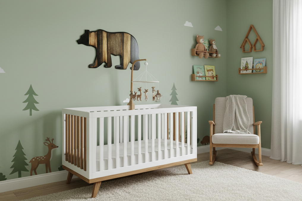 Wooden bear decoration on a wall above a wooden crib. Nursery room with a woodland decor theme.