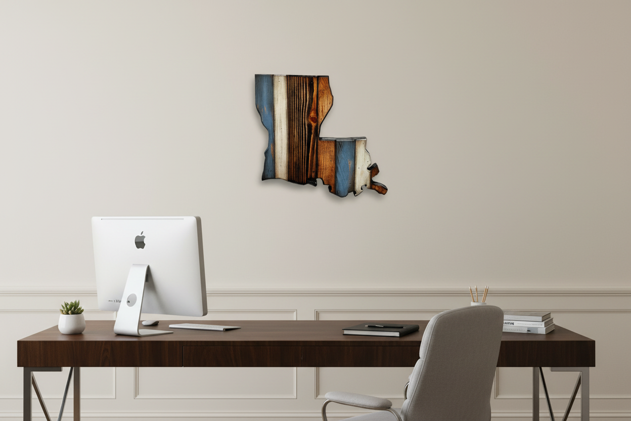 Modern office setup with a desk, computer, and rustic, handmade Louisiana wall art.