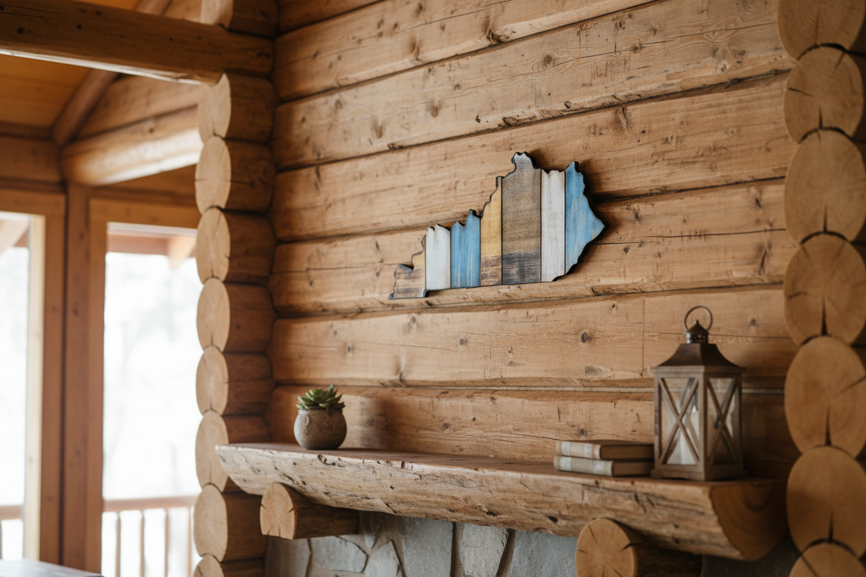 Wooden interior with a shelf, decorative items, and a Kentucky wall art piece.