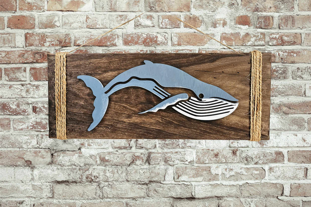 Rustic humpback whale wood wall art handcrafted ocean decor hanging on brick wall