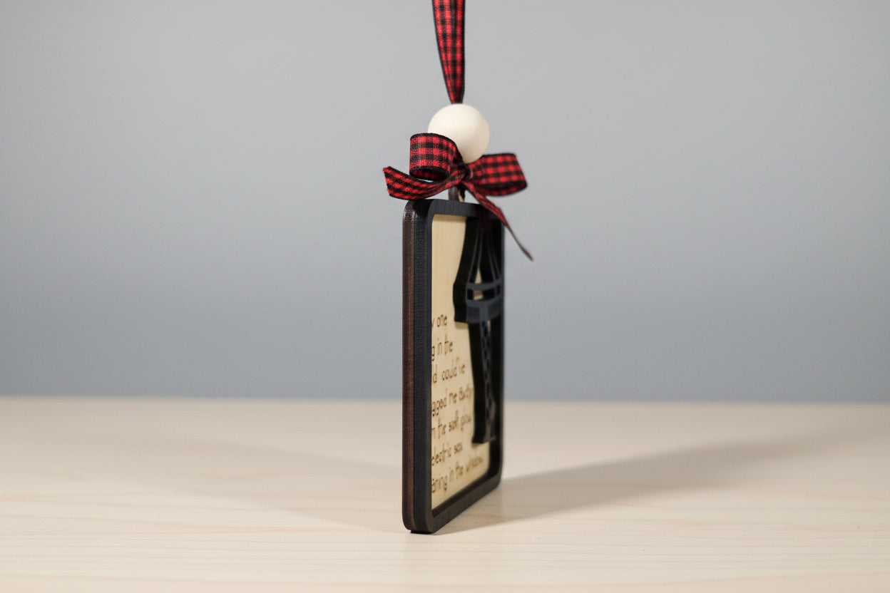 side angle of the Leg lamp christmas ornament to show that it is a 2-layer ornament.