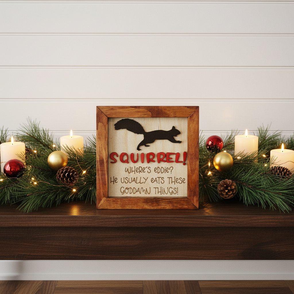 Decorative sign with a squirrel design  and quote inspired by the movie classic, National Lampoon's Christmas Vacation. and Christmas decorations on a table.on a mantel with candles and greenery.