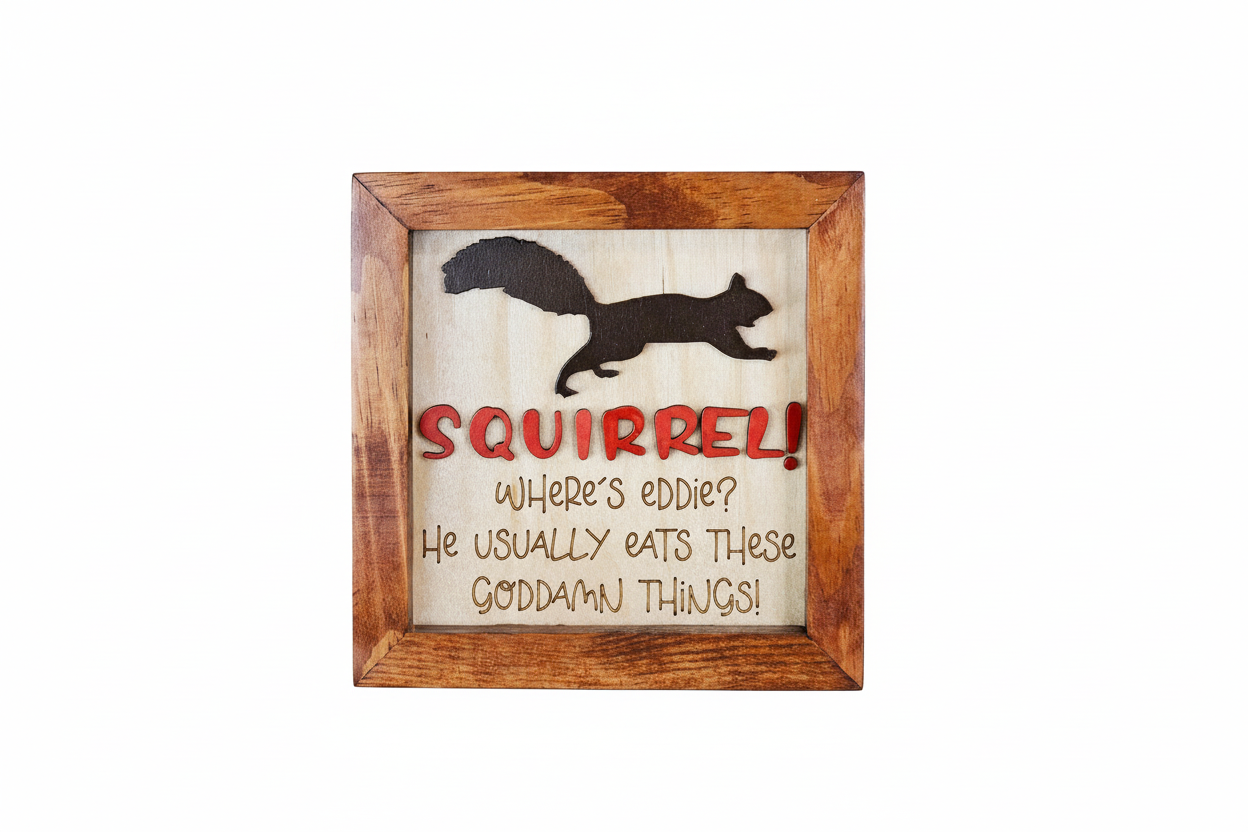 Wooden-framed sign with a silhouette of a squirrel and humorous text inspired by the movie classic, National Lampoon's Christmas Vacation. on a white background. 