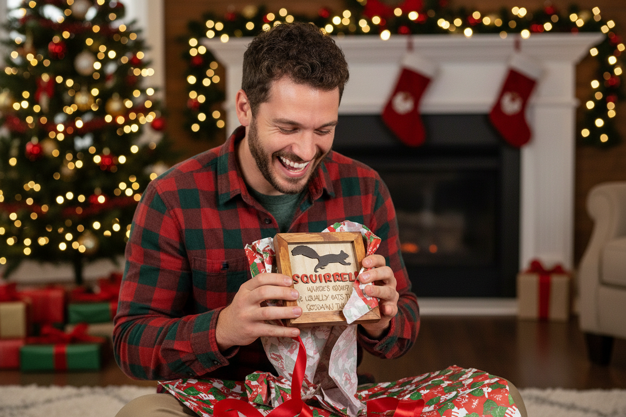 Man in a plaid shirt opening a funny gift with a squirrel design and quote inspired by the movie classic, National Lampoon's Christmas Vacation. A festive living room with Christma decorations.