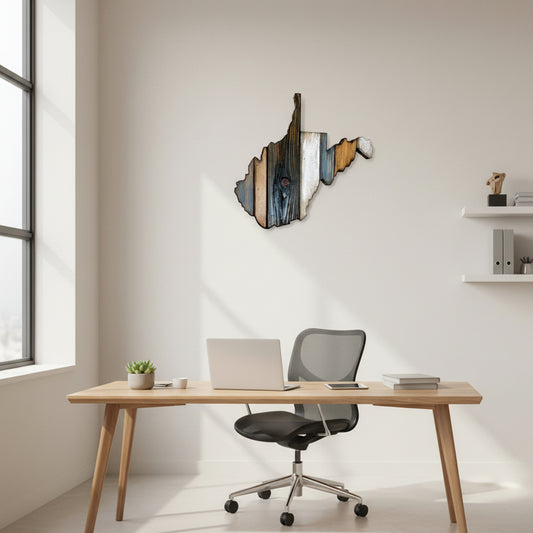 Wooden wall art in the shape of the state of West Virginia, on a beige background