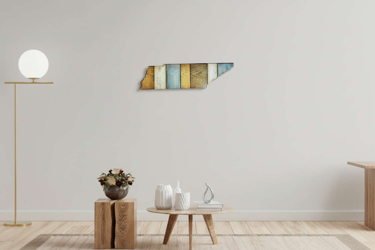 Modern interior with a Tennessee wall art piece, floor lamp, and wooden table.