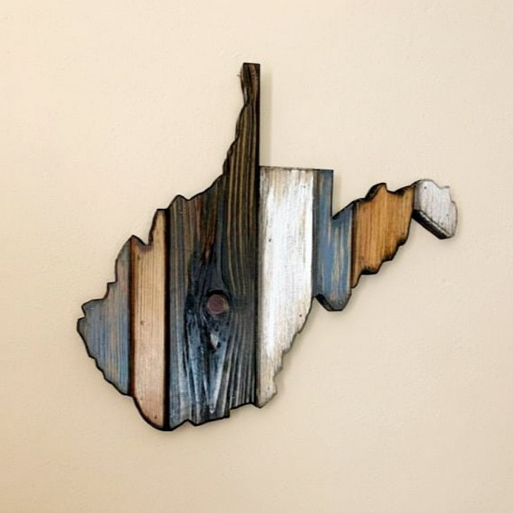 A handmade wooden cutout in the shape of the state of West Virginia, with a distressed finish and a wire hanger on the back.