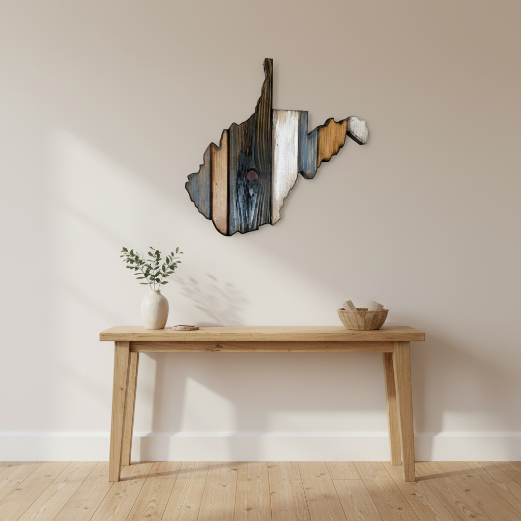 Wooden West Virginia wall art in the shape of a state above a wooden table with decor items.