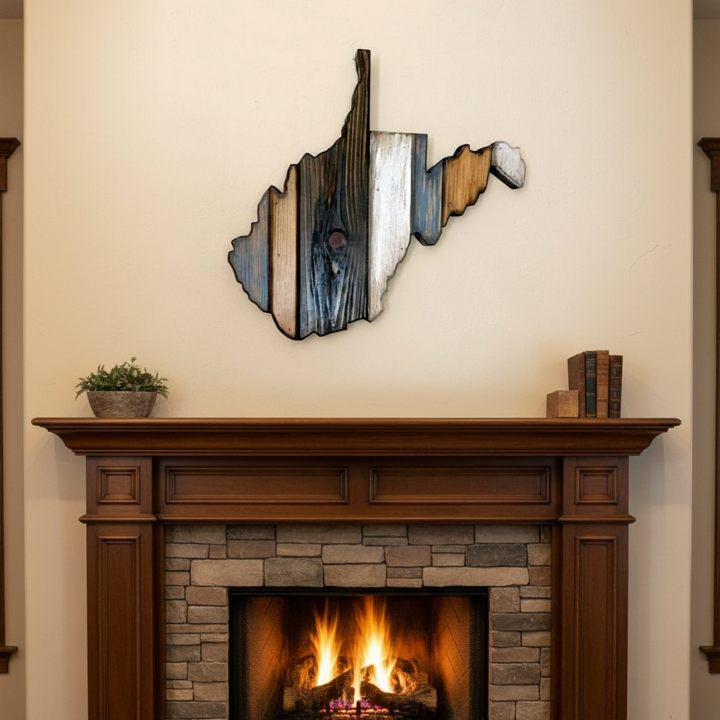 Wooden wall art shaped like a state above a fireplace with a fire burning.