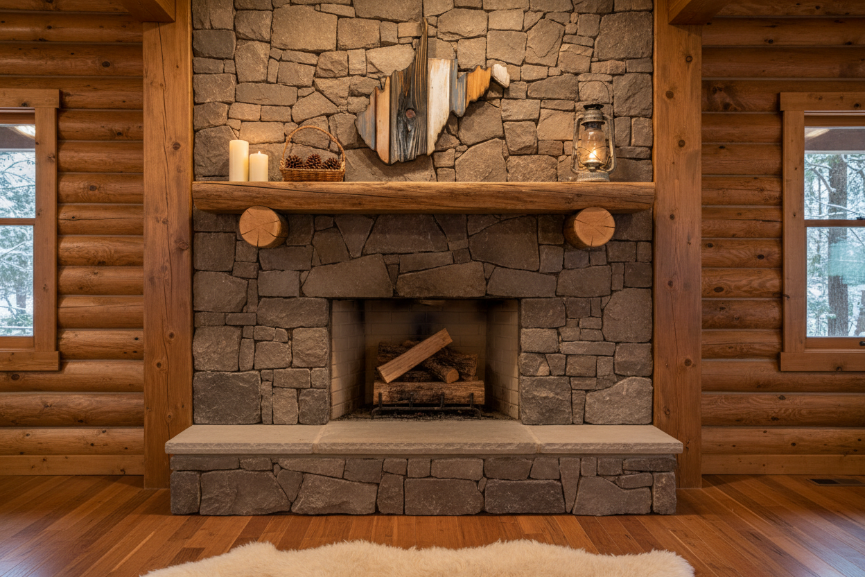 Stone fireplace in a log cabin with wooden mantel and decorative items.