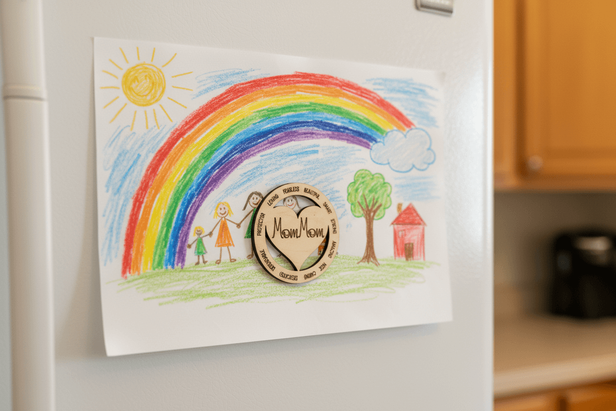 Colorful drawing of a rainbow with a wooden MomMom magnet holding it up on a refrigerator.