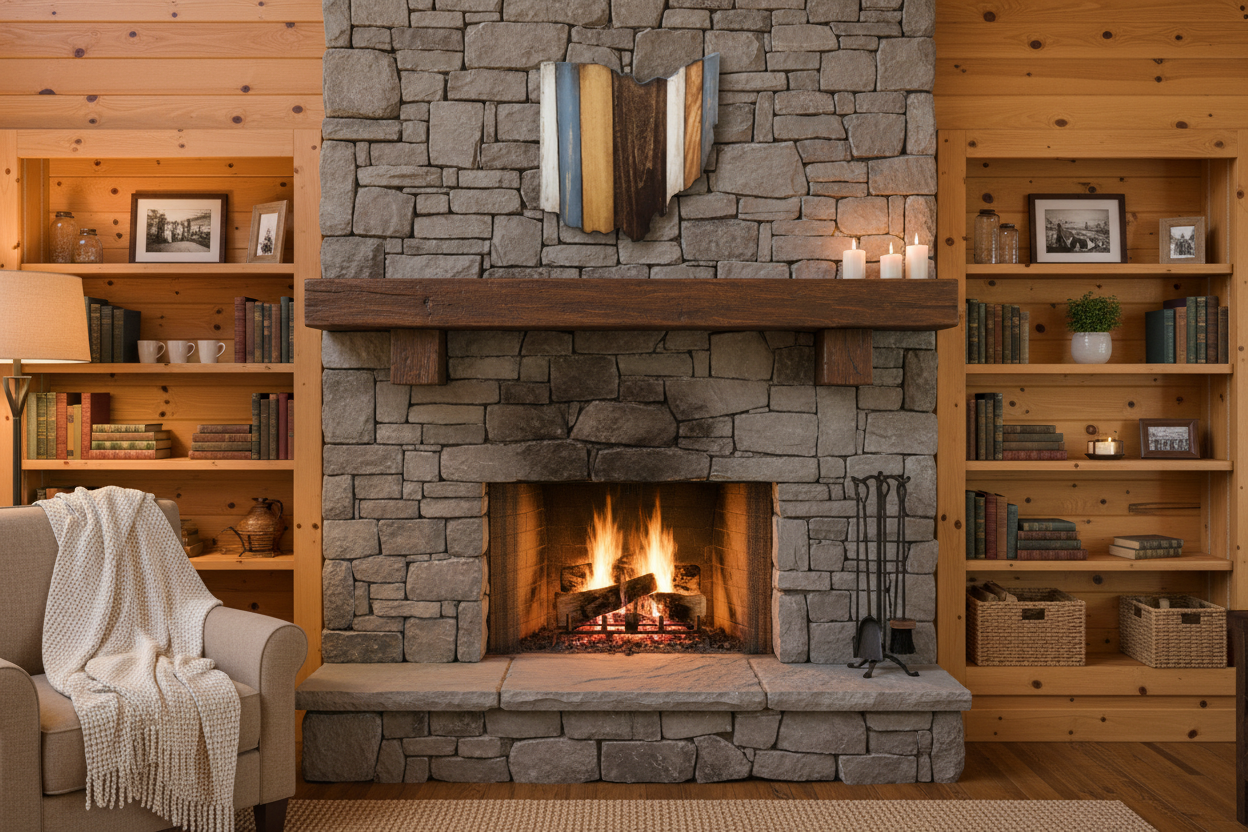 Stone fireplace with wooden mantel in a cozy living room setting.