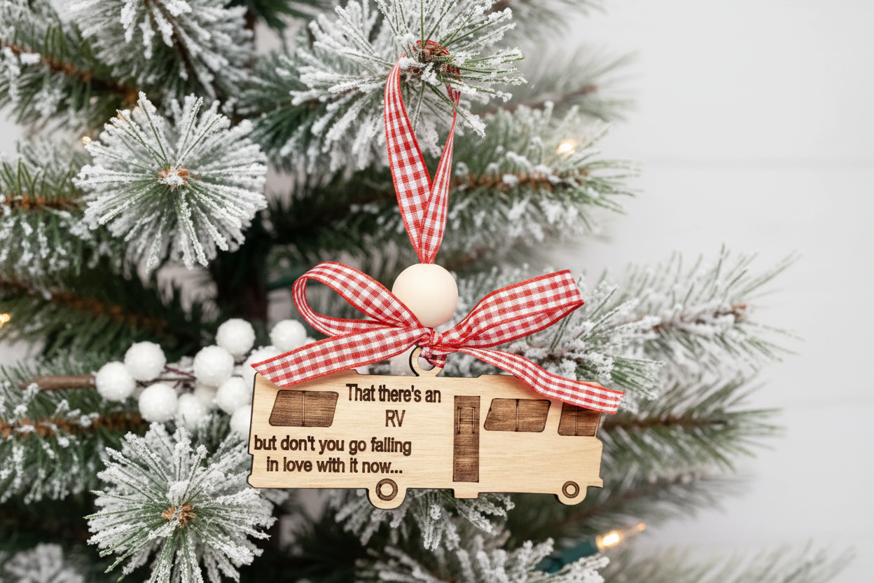 Wooden ornament shaped like a RV, with a red checkered ribbon on a Christmas tree.