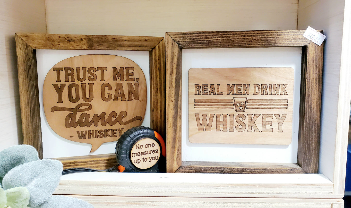 Whiskey Barrel & Whiskey Signs/ Solid Wood Frame/ Dark & light wood