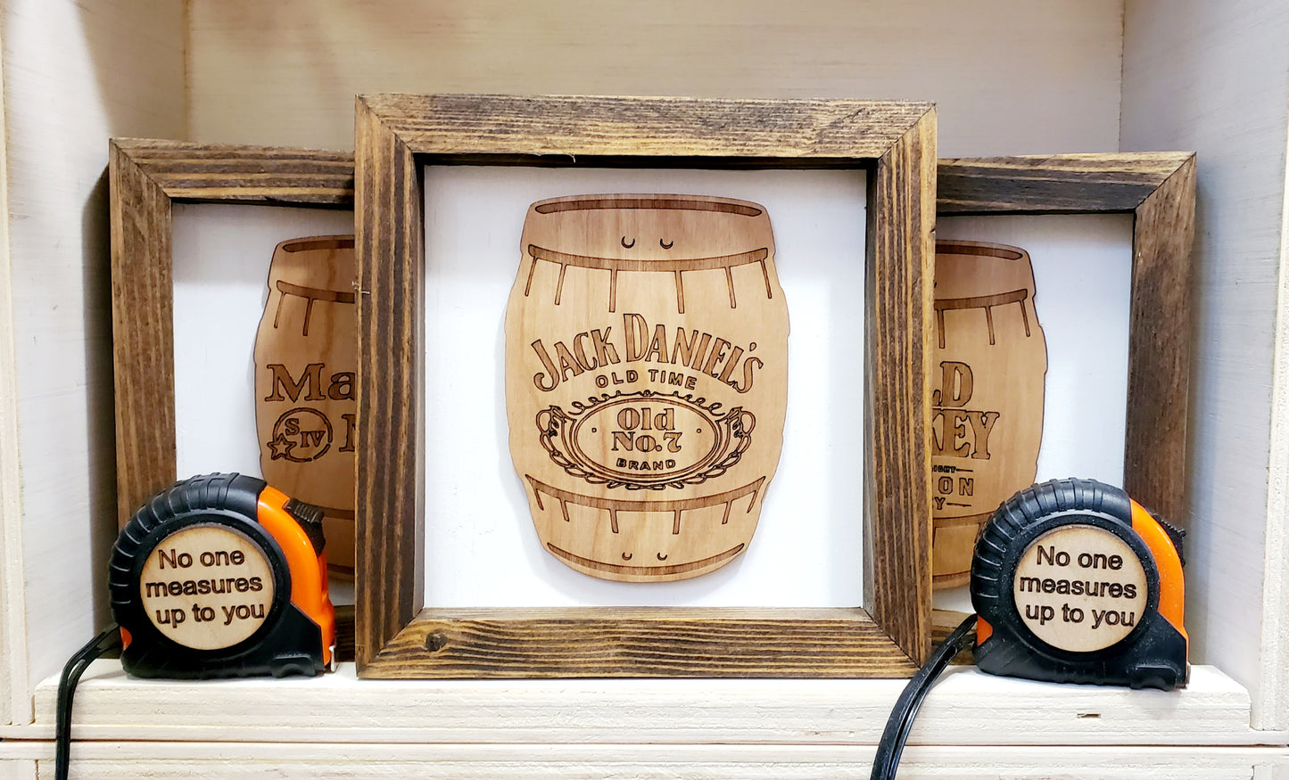 Whiskey Barrel & Whiskey Signs/ Solid Wood Frame/ Dark & light wood