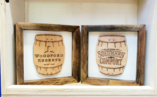 Whiskey Barrel & Whiskey Signs/ Solid Wood Frame/ Dark & light wood