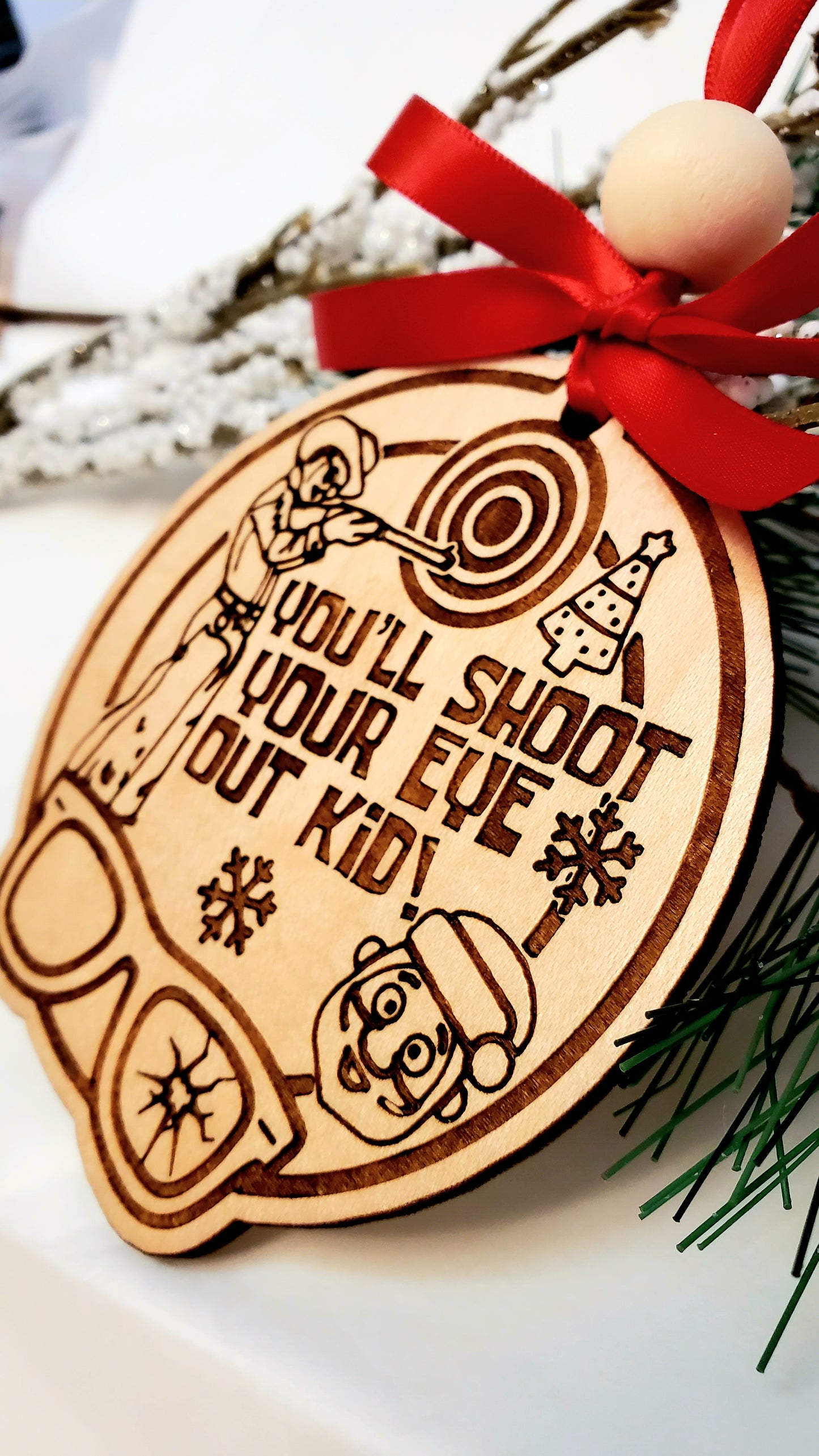 You'll Shoot Your Eye Out Kid! Ornament engraved scene from the classic movie, A Christmas Story