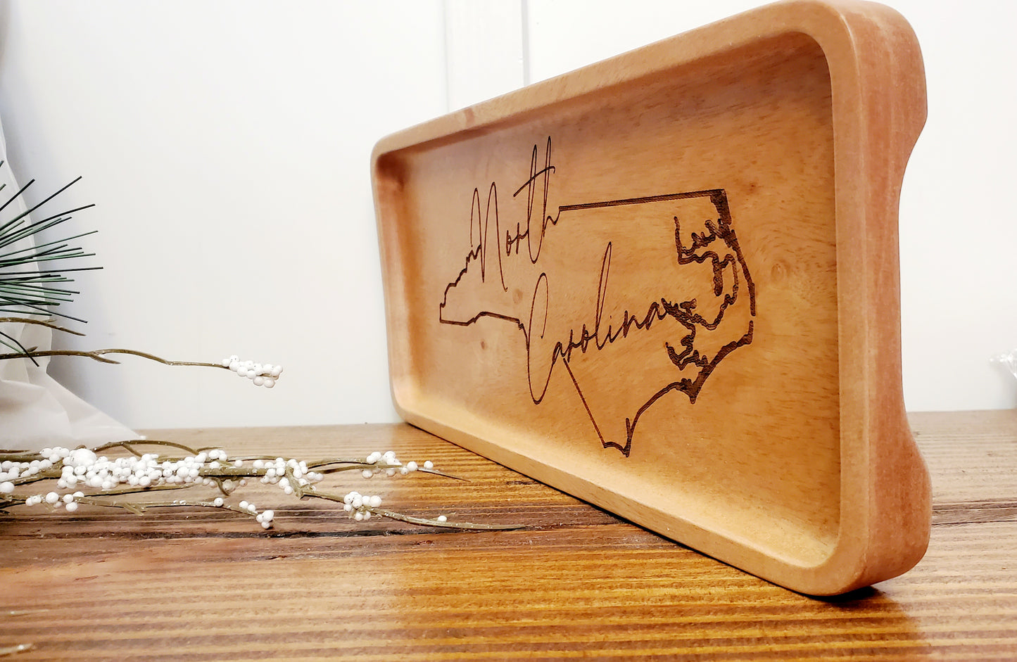 Sleek, North Carolina outline -Engraved, Solid Wood Platter/Tray