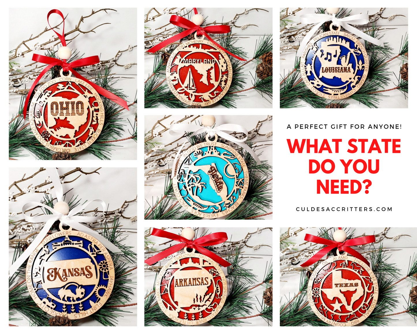 Beautiful State ornaments - Perfect Gifts - What state have you lived in? Every state available. Great souvenir and keepsake gifts.