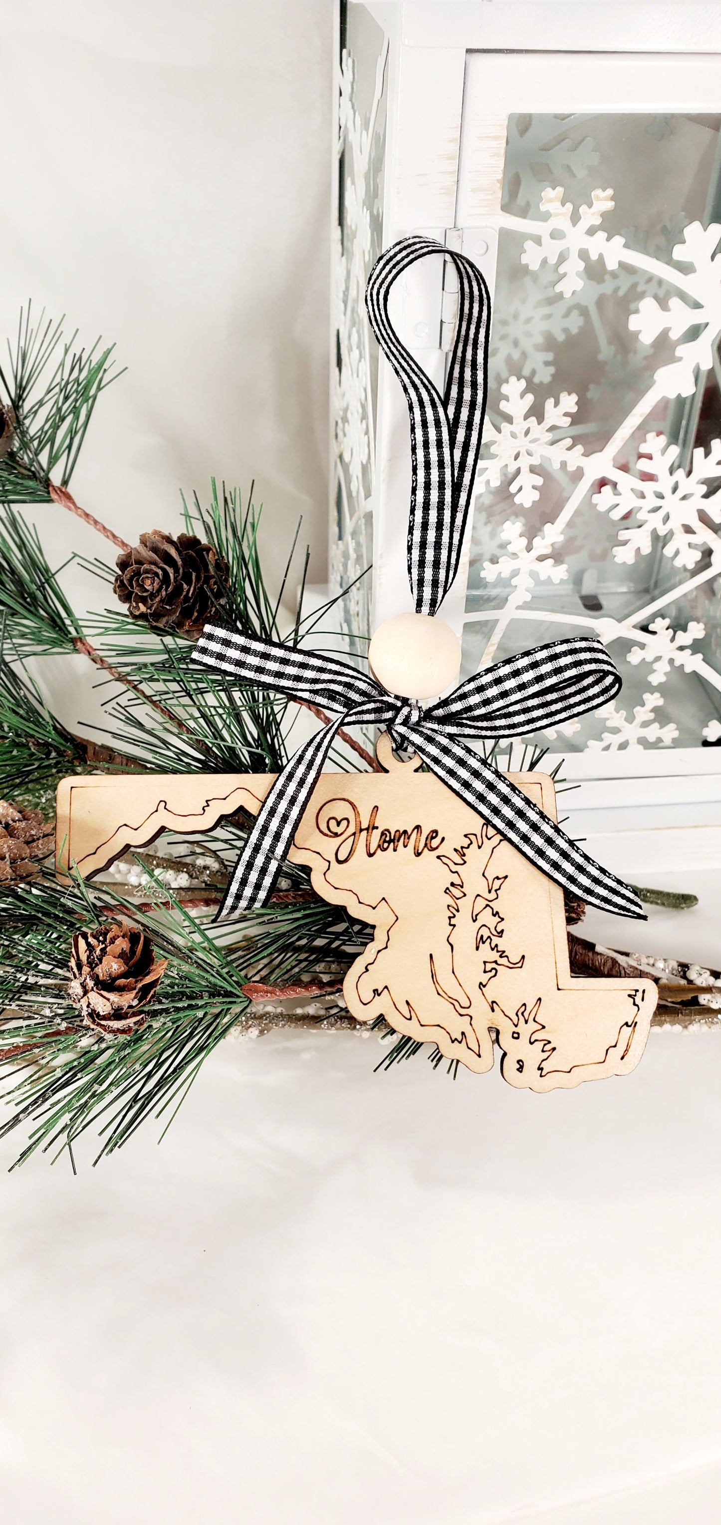 Simple & Sweet State ornaments with buffalo plaid ribbon - Home engraved on each state - a few has Take Me Home Country Roads