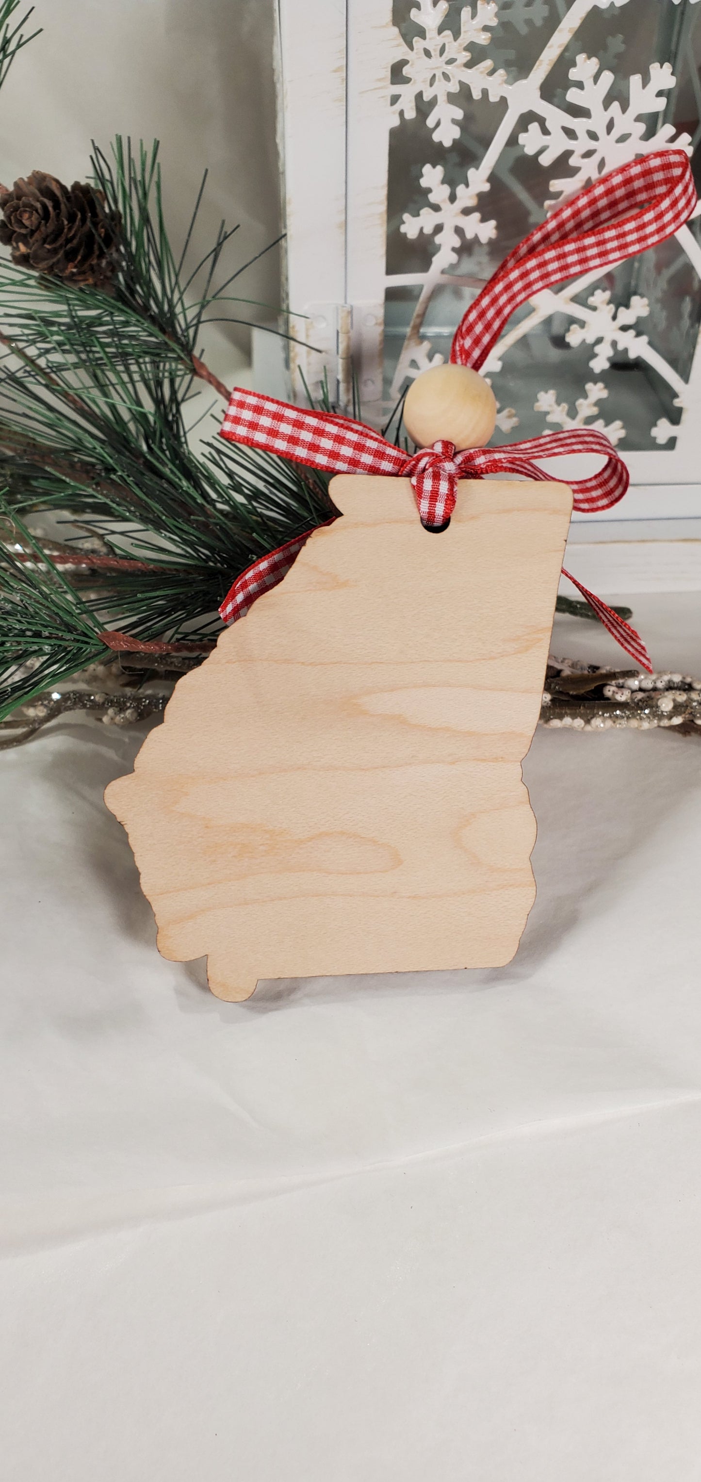 Simple & Sweet State ornaments with buffalo plaid ribbon - Home engraved on each state - a few has Take Me Home Country Roads