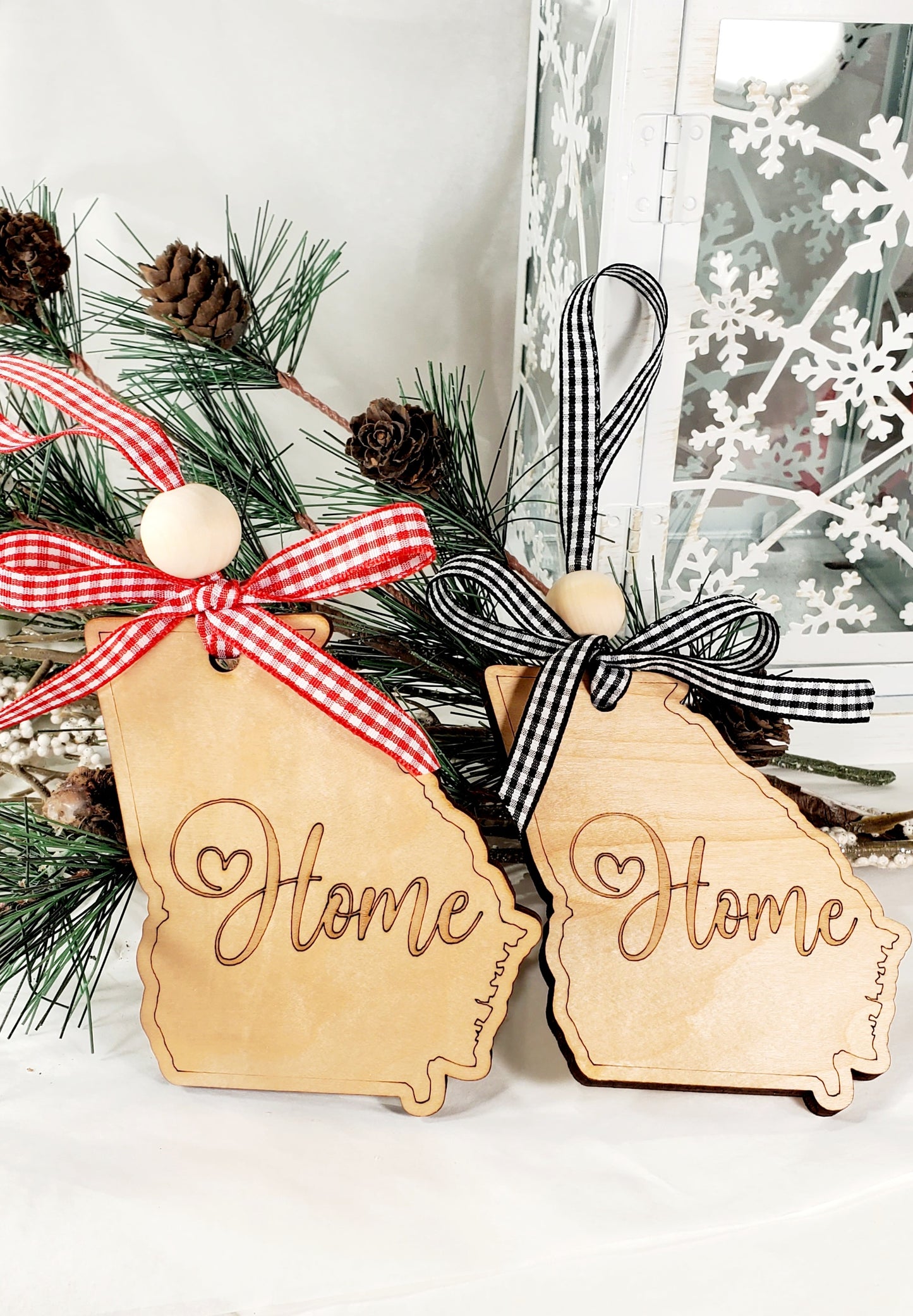 Simple & Sweet State ornaments with buffalo plaid ribbon - Home engraved on each state - a few has Take Me Home Country Roads