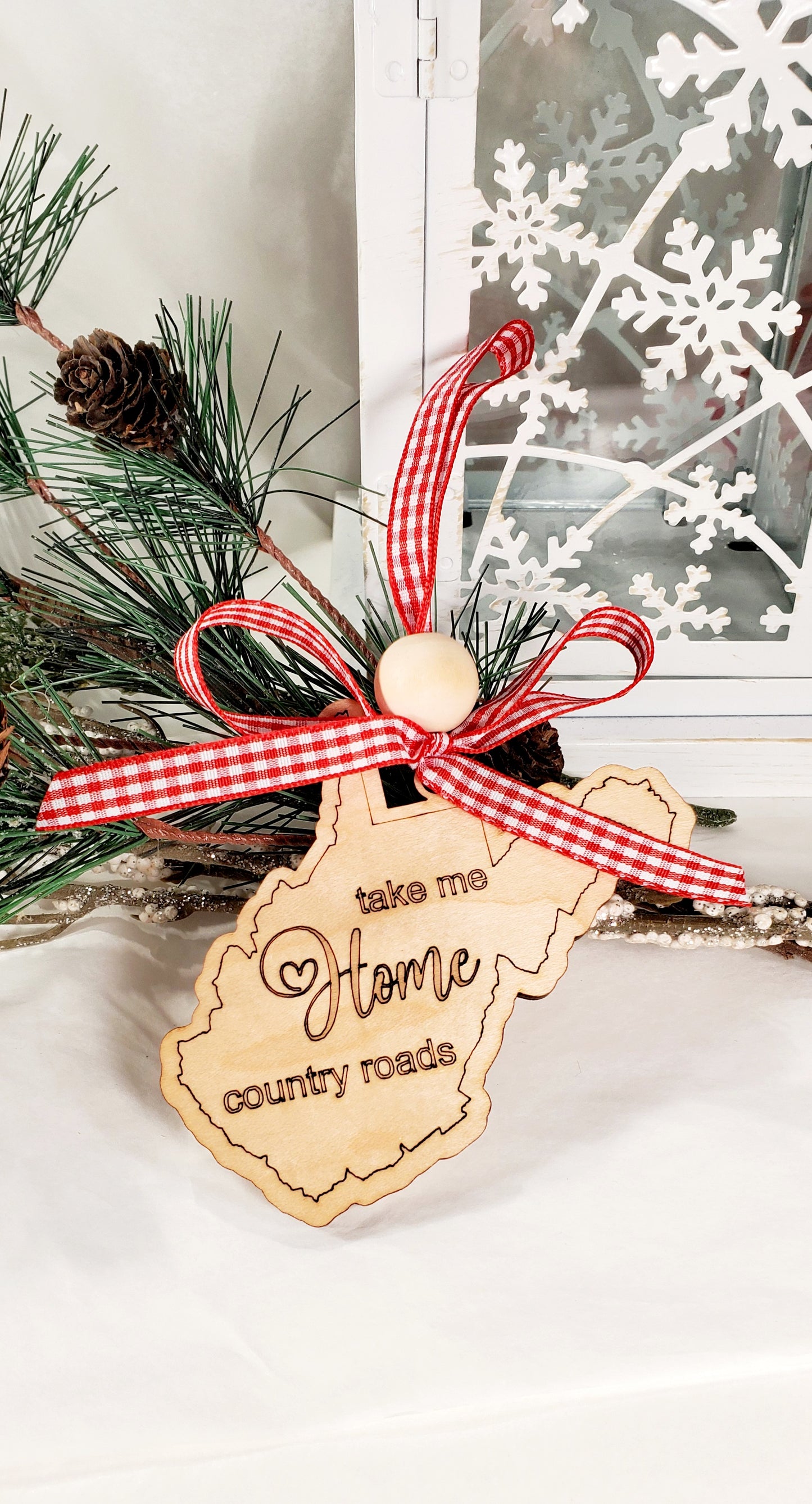 Simple & Sweet State ornaments with buffalo plaid ribbon - Home engraved on each state - a few has Take Me Home Country Roads