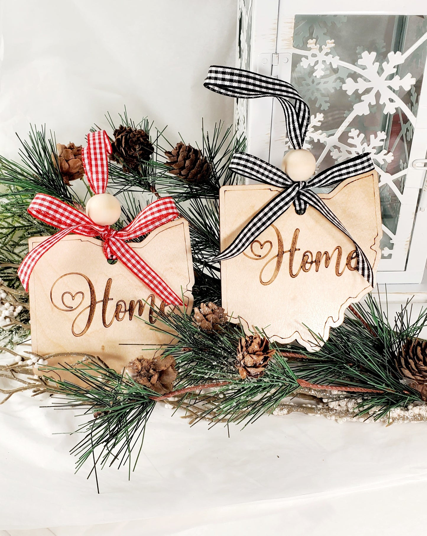 Simple & Sweet State ornaments with buffalo plaid ribbon - Home engraved on each state - a few has Take Me Home Country Roads