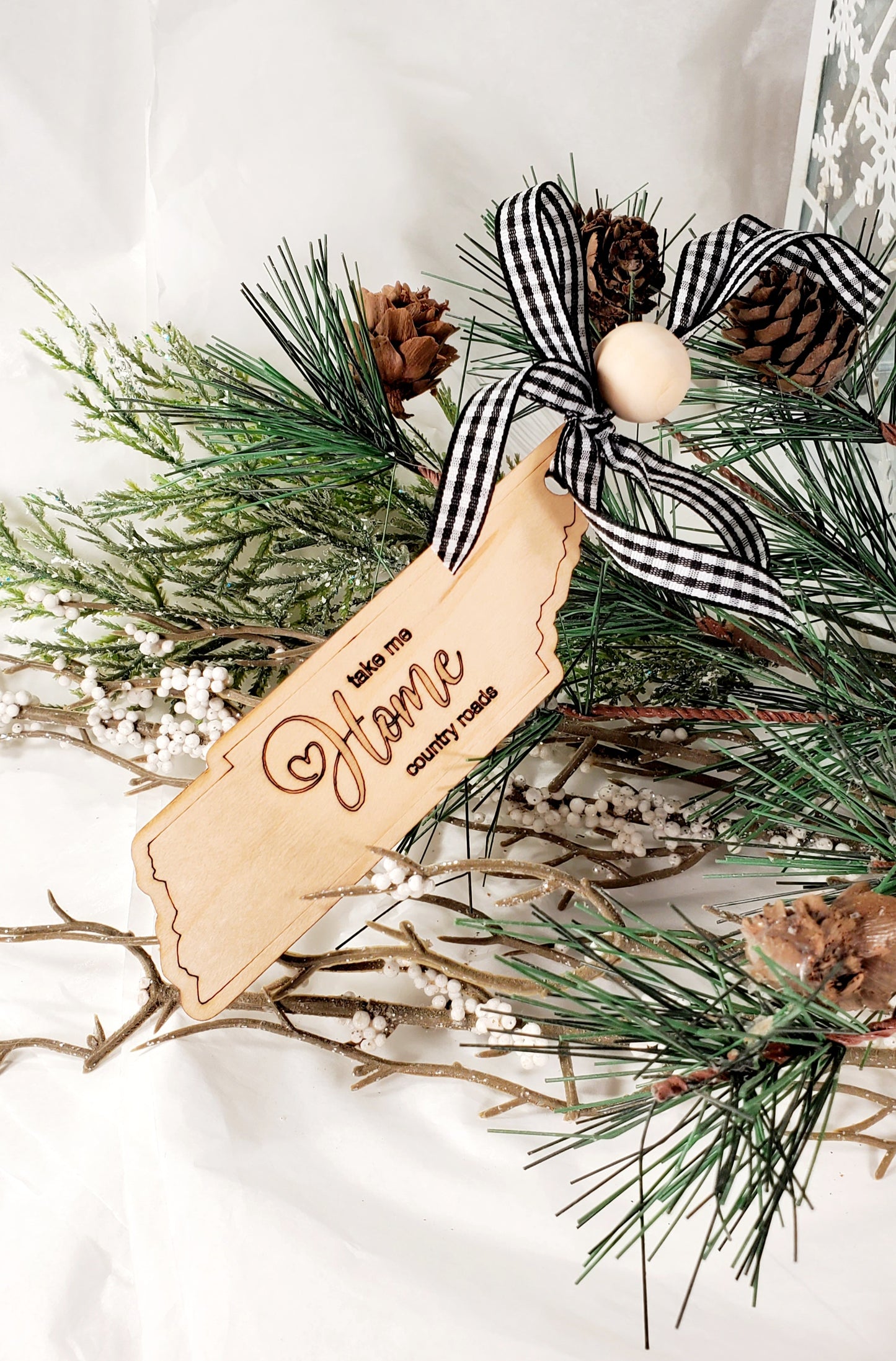 Simple & Sweet State ornaments with buffalo plaid ribbon - Home engraved on each state - a few has Take Me Home Country Roads