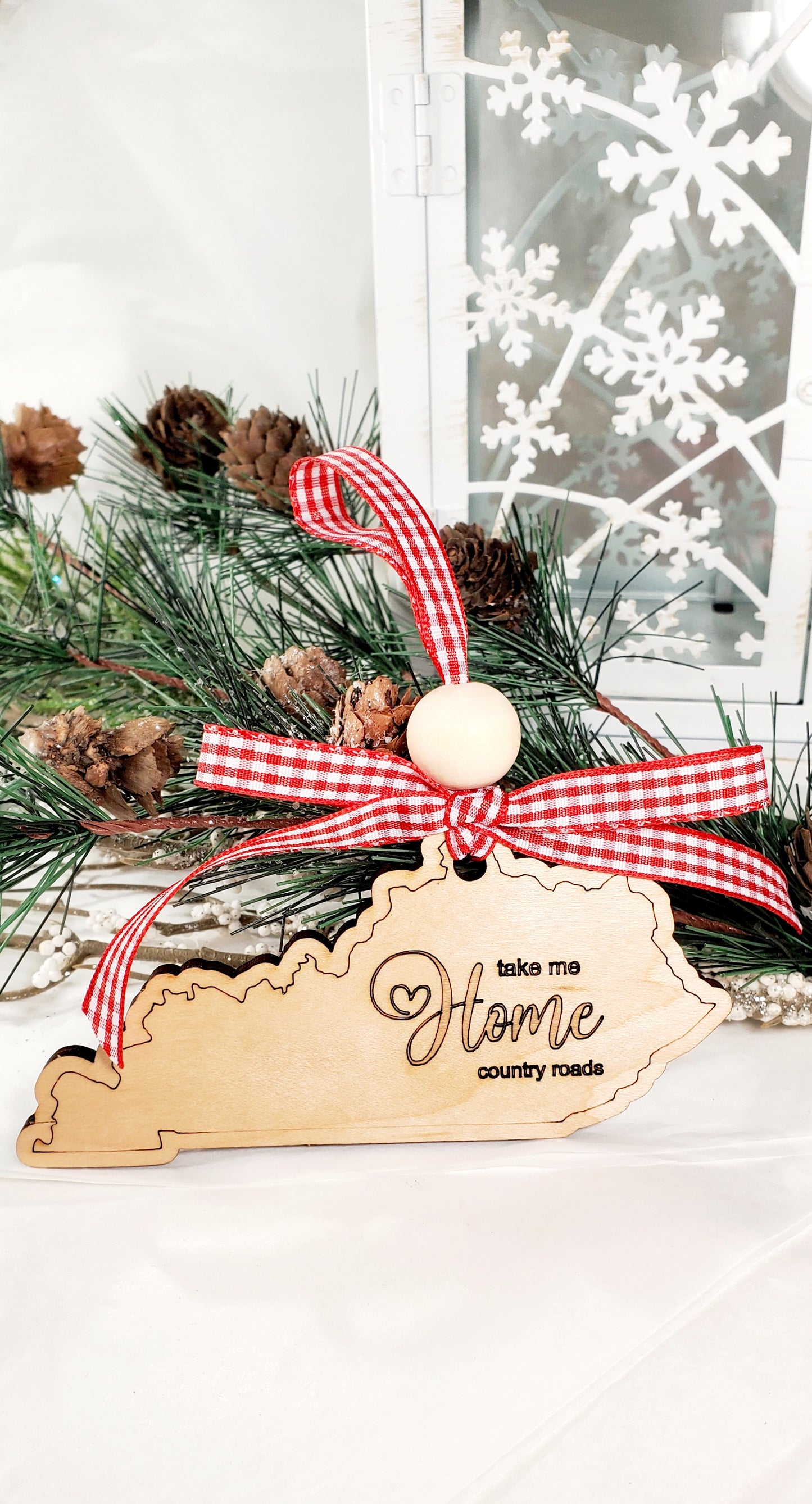 Simple & Sweet State ornaments with buffalo plaid ribbon - Home engraved on each state - a few has Take Me Home Country Roads